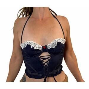 For Love & Lemons Iris Blue Bustier Denim Jean Halter Corset Stretchy M Medium